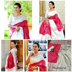 Elegant White and Fuchsia Polka Dot Saree - Brand